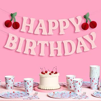 xo, Fetti Happy Birthday Cherry Banner - Pink Glitter, 6.5 Ft. | 3D Cherry Garland, Bday Decoration, Accordion Party Sign, Pop Up Photoshoot Backdrop