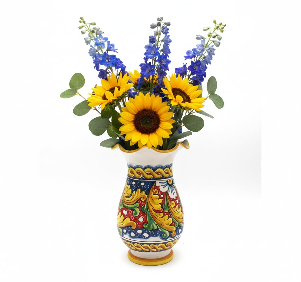 ILAB Vaso grande lavorato in ceramica decorata a mano da ceramisti siciliani di Santo Stefano di Camastra fiore rosso art 16