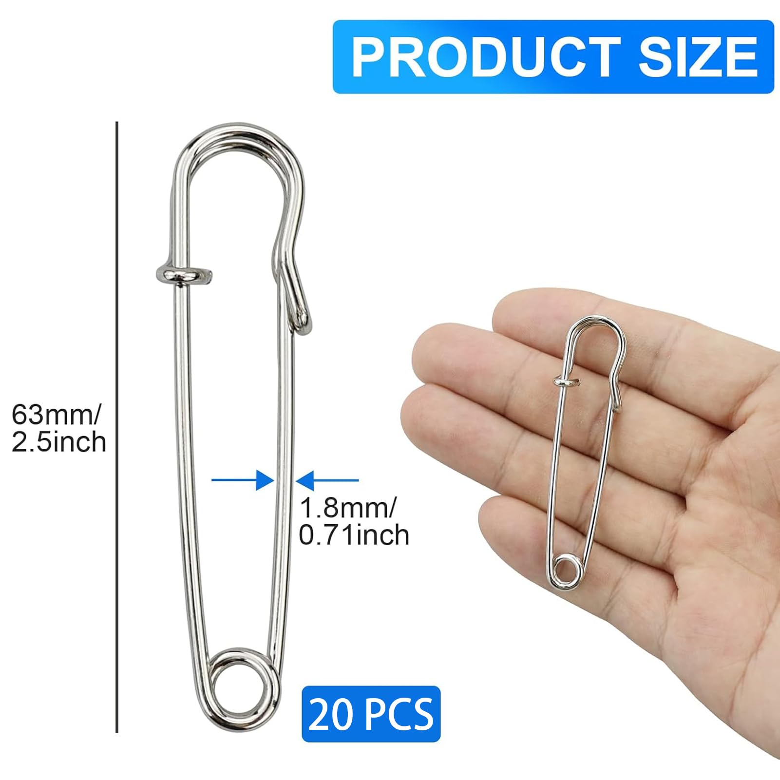 Lot de 20 grandes épingles à nourrice pour kilt - 50 mm - En acier inoxydable - Robustes - Pour couvertures, tricot, bijoux et travaux manuels