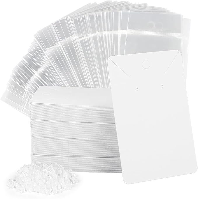 yuntop 100 Pcs Earring Cards with 100Pcs Self Adhesive Bags for Earrings Jewelry Display and 200 Pcs Earring Backs, Earring Display Holder Cards 3.5x2.4 Inches Earring Card Holder Set (White)