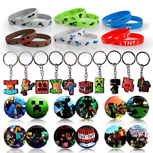 34 Pieces Video Game Birthday Party Gifts, Badges Brooch Pins + Colorful Silicone Bracelets + Rubber Keychain, Game Theme Party Favors for Boys and Kids