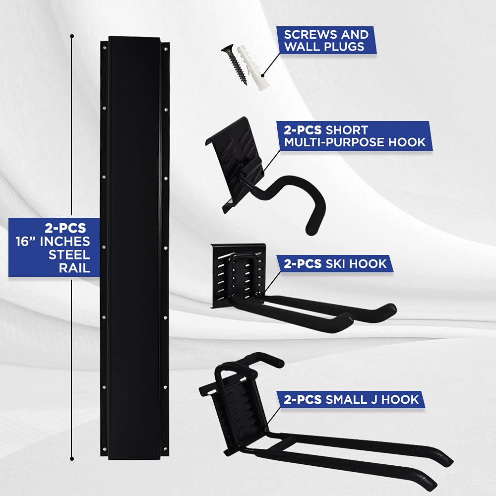 WHISTLER Garage Tool Organizer Wall Mount Rack - Yard Tools Storage Hooks – Heavy Duty Powder Coated Steel Rails with 6 Utility Hooks