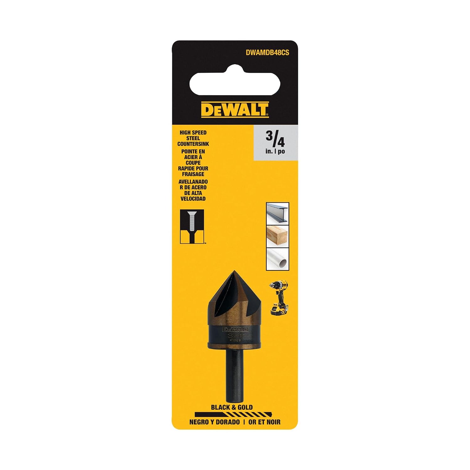 DEWALT 3/4 in. Countersink Drill Bit for Wood, Plastic, Metal, Black and Gold, High-Speed Steel Countersink Bit (DWAMDB48CS)