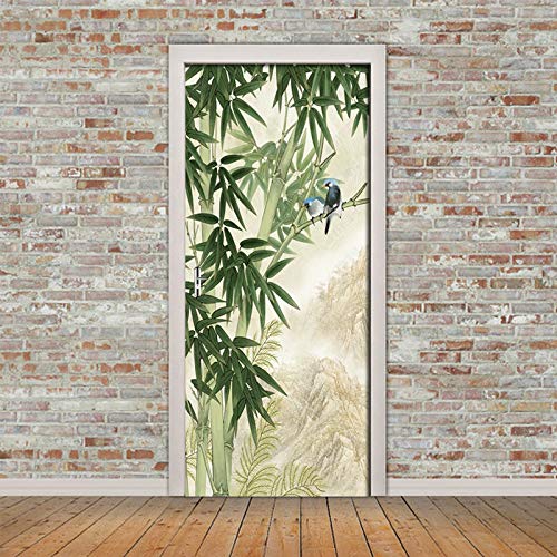 Papier peint de porte jungle 3D sticker perroquet bambou vert pour chambre