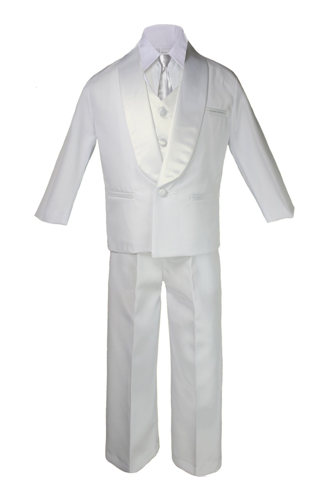 5-7pc Boy White Satin Shawl Lapel Suits Tuxedo Silver Satin Bow tie Sm-7