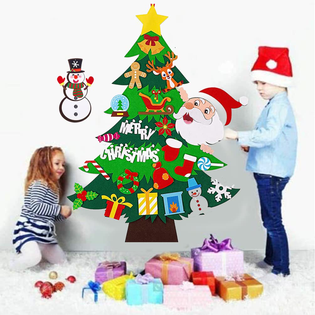 Sapin De Noël En Feutre 102 Cm Avec Bonhomme De Neige - Kit Bricolage Enfants 26 Ornements Amovibles