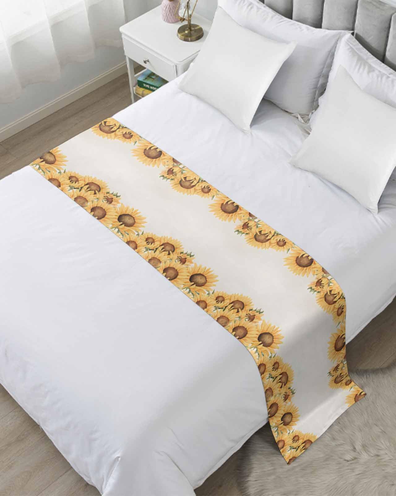 Twin Bed Runner Watercolor Floral Small Sunflower Bedding Runner Scarves Decorative Bed Scarf, Spring Yellow Wildflower Soft Bedding Scarf for Bedroom Hotel Wedding 71x20in