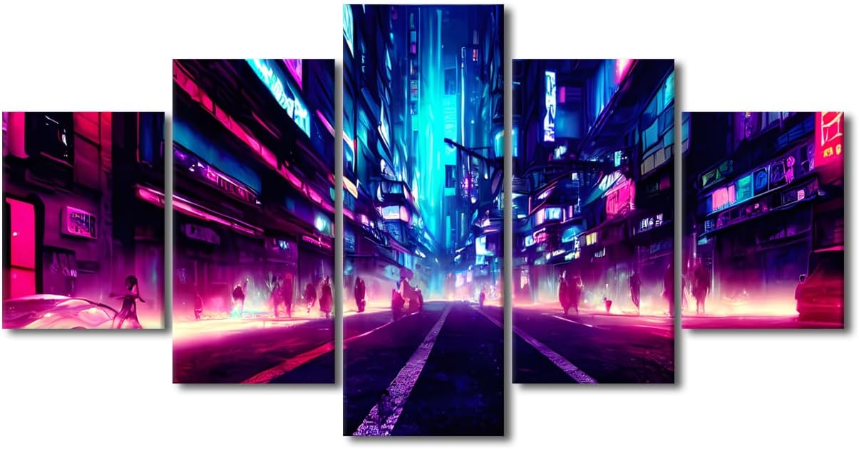 Amazon.com: Black and White Wall Art Cyberpunk City Neon Streetview ...