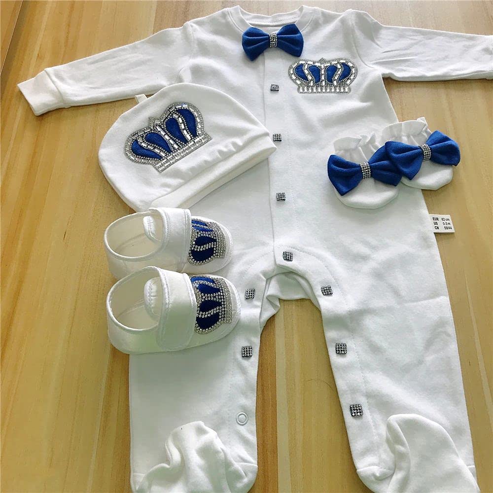 Juego de 4 piezas de pelele con patucos, guantes y gorro para bebé, con cristales brillantes, turquesa, 0- 3 meses