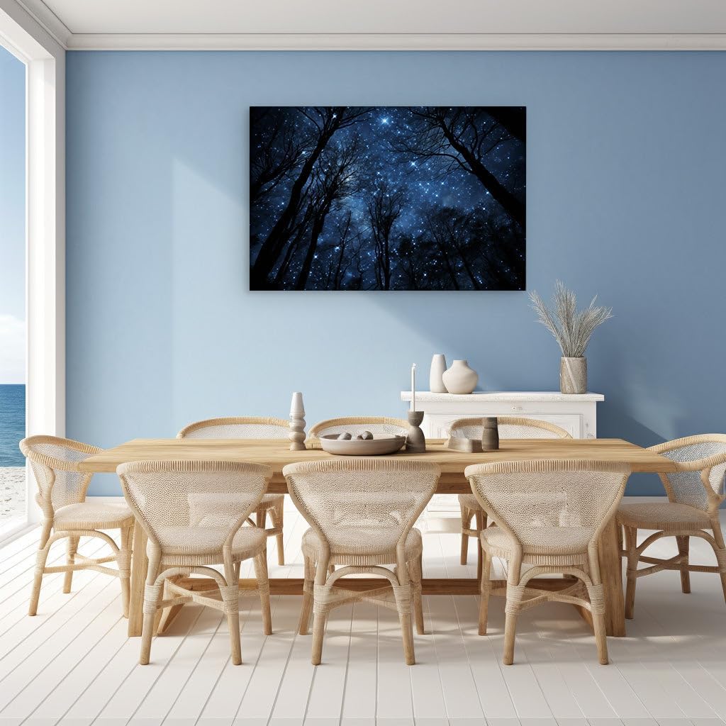Canvas for Living room. Gazing Upwards: Serenity Among the Stars Through the Silhouetted Forest, 27 x 18 inch Canvas Wall Art - Contemporary Masterpieces - Modern Home Decor - 69x46 cm (27x18 inch)