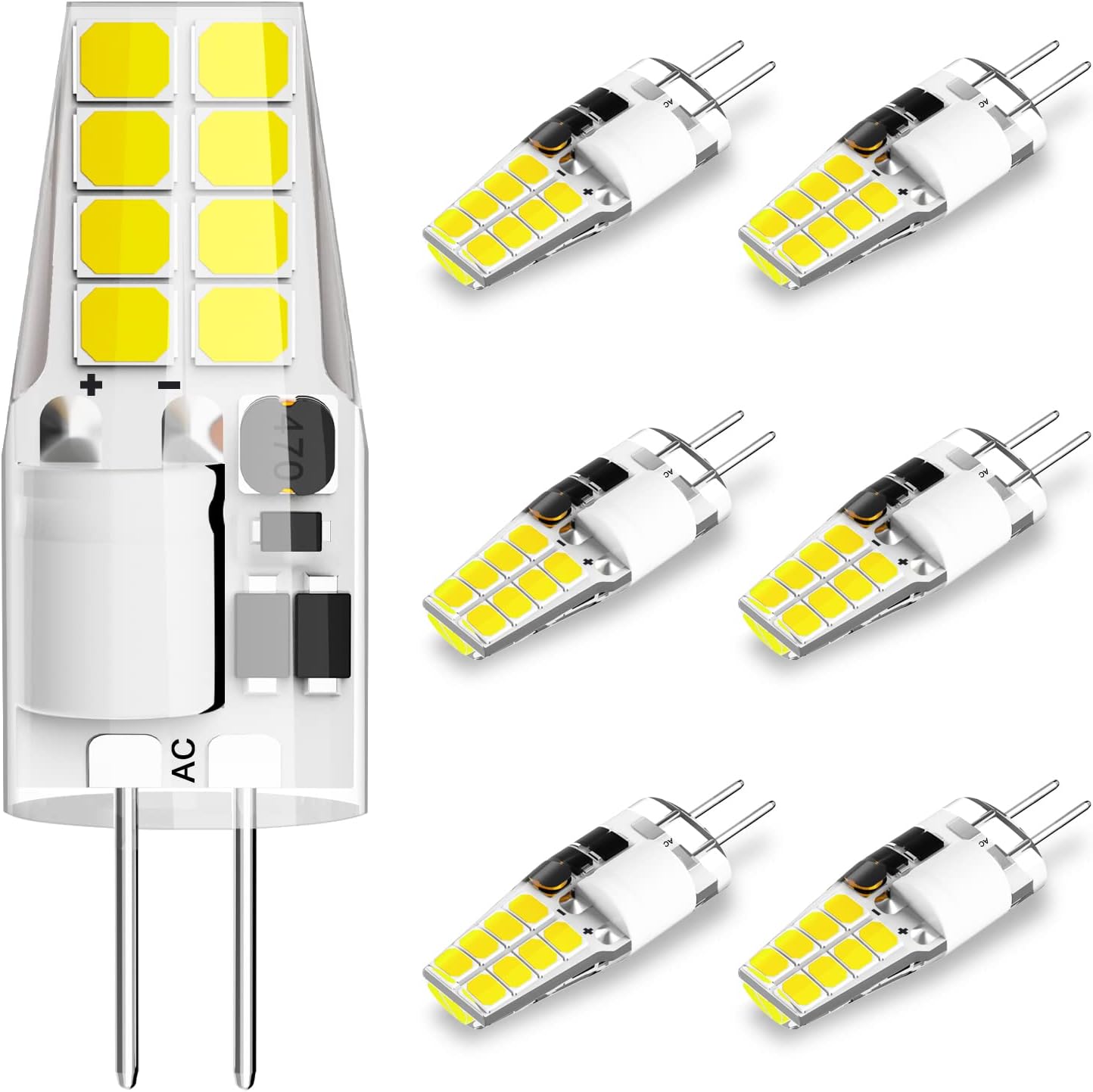 G4 LED Bulb T3 JC Bi-Pin Base 3W AC/DC 12V Daylight White 6000K 20W-25W Halogen Bulb Replacement for Under Cabinet Puck Light, Chandelier, RV, Landscape Lighting (6 Pack)