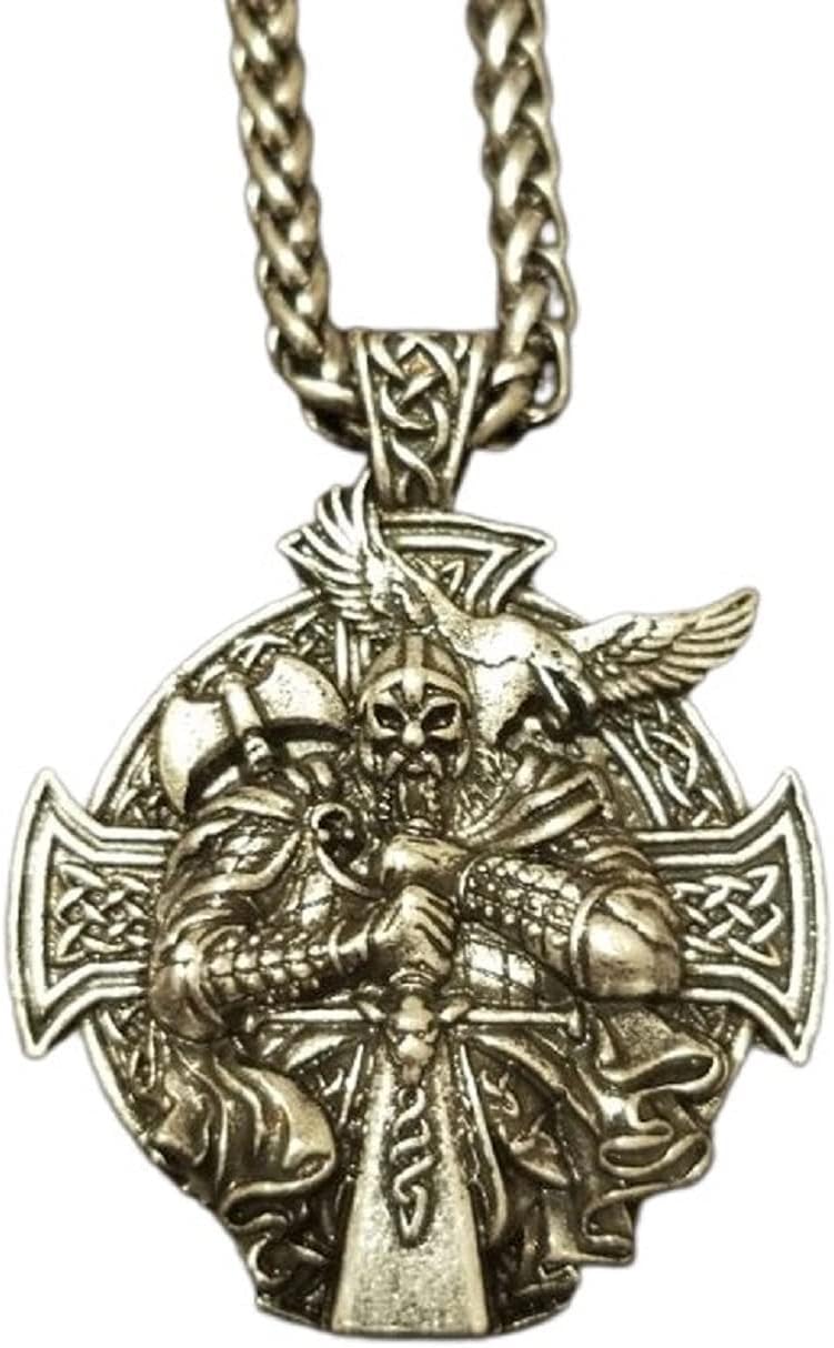 MayiaHeyNordic Viking Odin Raven Cross Rune Necklace for Men, Vintage Odin Raven Sword Necklace Viking Warrior Eagle Axe Hammer Necklace