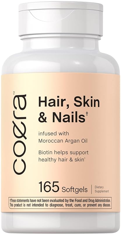 Coera Suplemento para cabelos, pele e unhas com biotina, colágeno e óleo de argan marroquino, 165 cápsulas gelatinosas