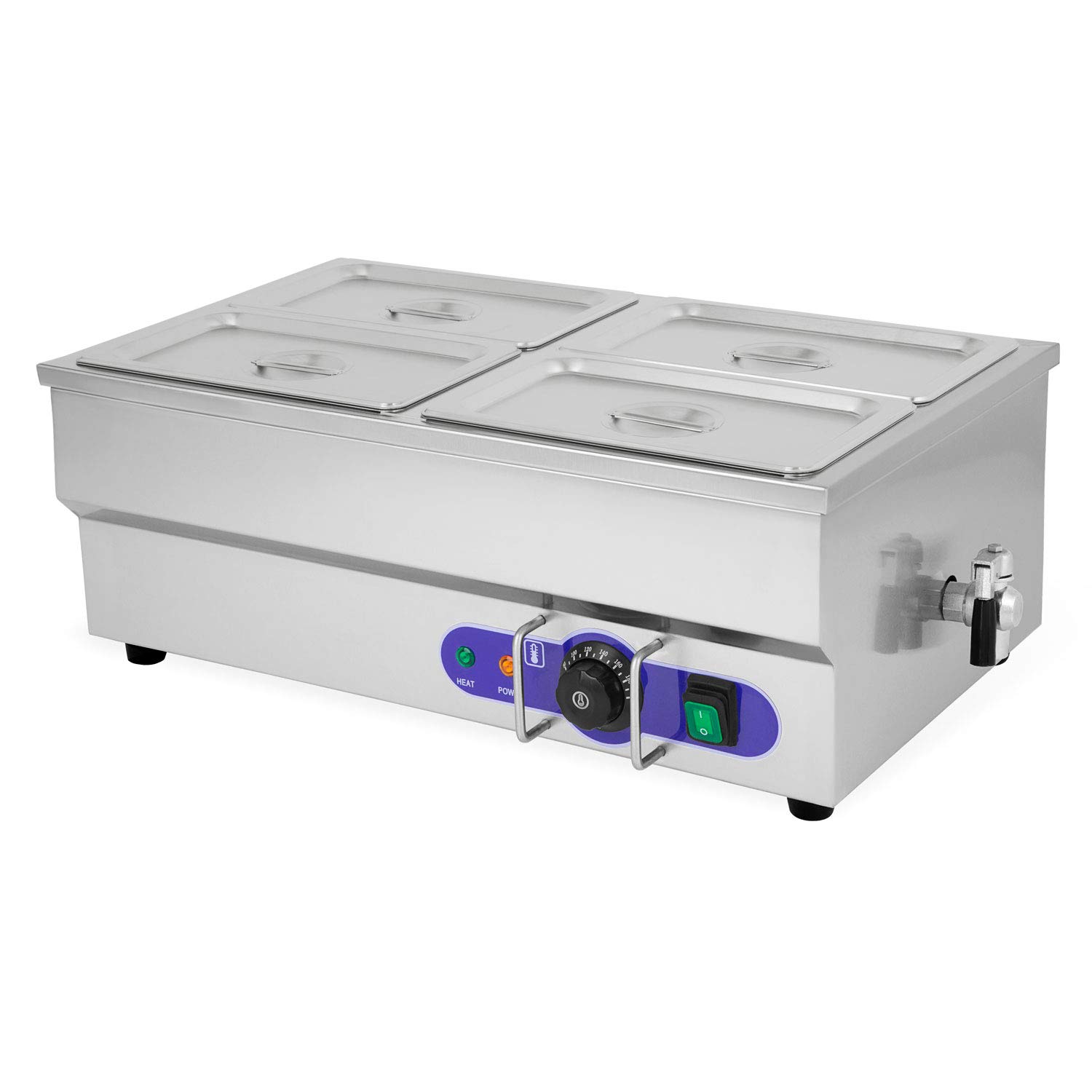 VERTES Calentador de Comida, Recipiente para Comida Eléctrico 1500W Acero Inox (Incluye 4x 1/4 Recipiente GN con Tapa para 4x2,8L, Grifo de Escurrir, Baño María, Temperatura Continua 50-200°C, Buffet)