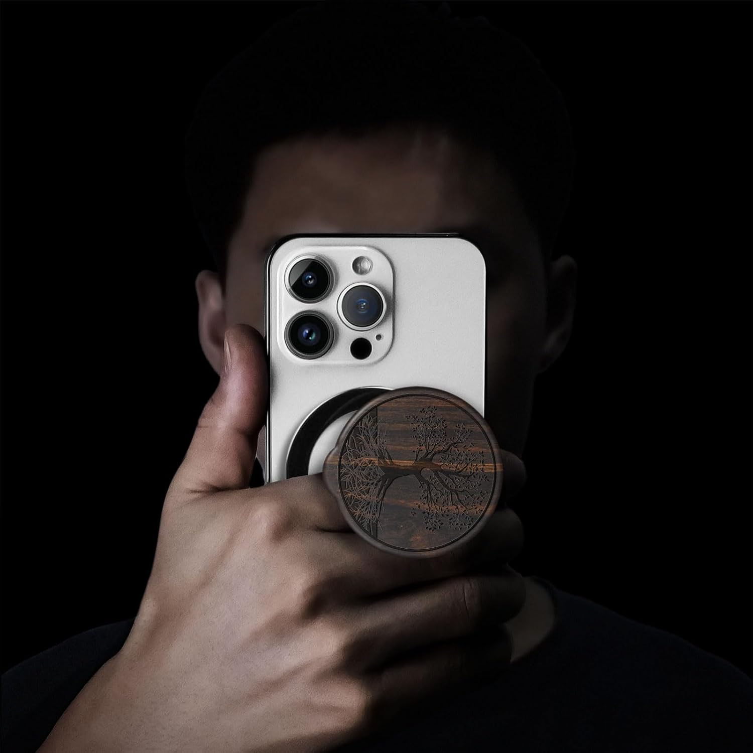 Carveit Solid Wood Design Adjustable Magnetic Phone Kickstand for MagSafe Accessories Ring Holder Stand Metal Grip Hook Compatible with iPhone 14/13/12/15/16 Pro Max (Tree with Roots - Blackwood)