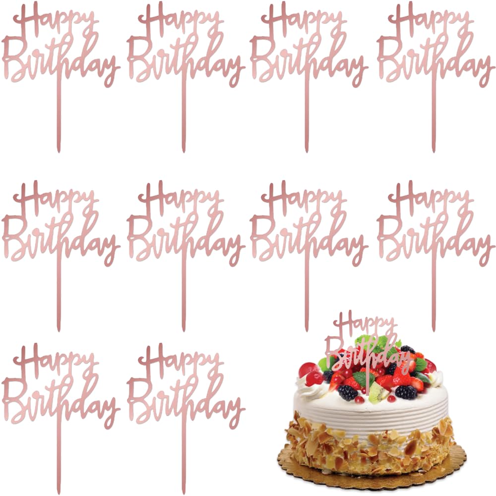 BAVALIN 10 Stück Happy Birthday Tortendeko - Happy Birthday Cake Topper Kuchendekoration, Acryl Tortendeko Geburtstag, Cupcake Topper Geburtstag für Babyparty Jubiläen Party Dekoration, Rosa