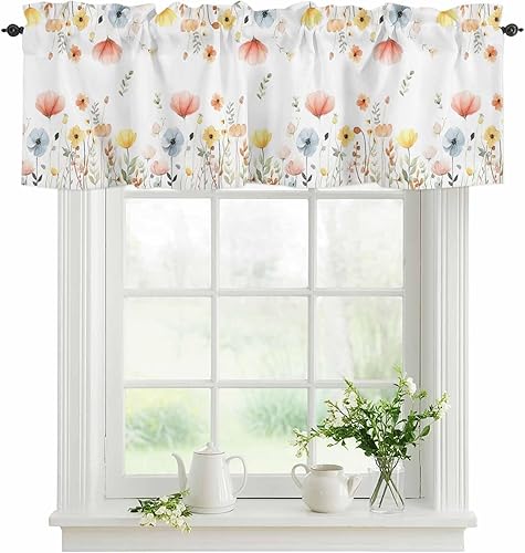 YOKOU Cenefa de cortina, flores silvestres de primavera, plantas de hojas florales de granja, bolsillo corto para barra, tratamiento de ventana