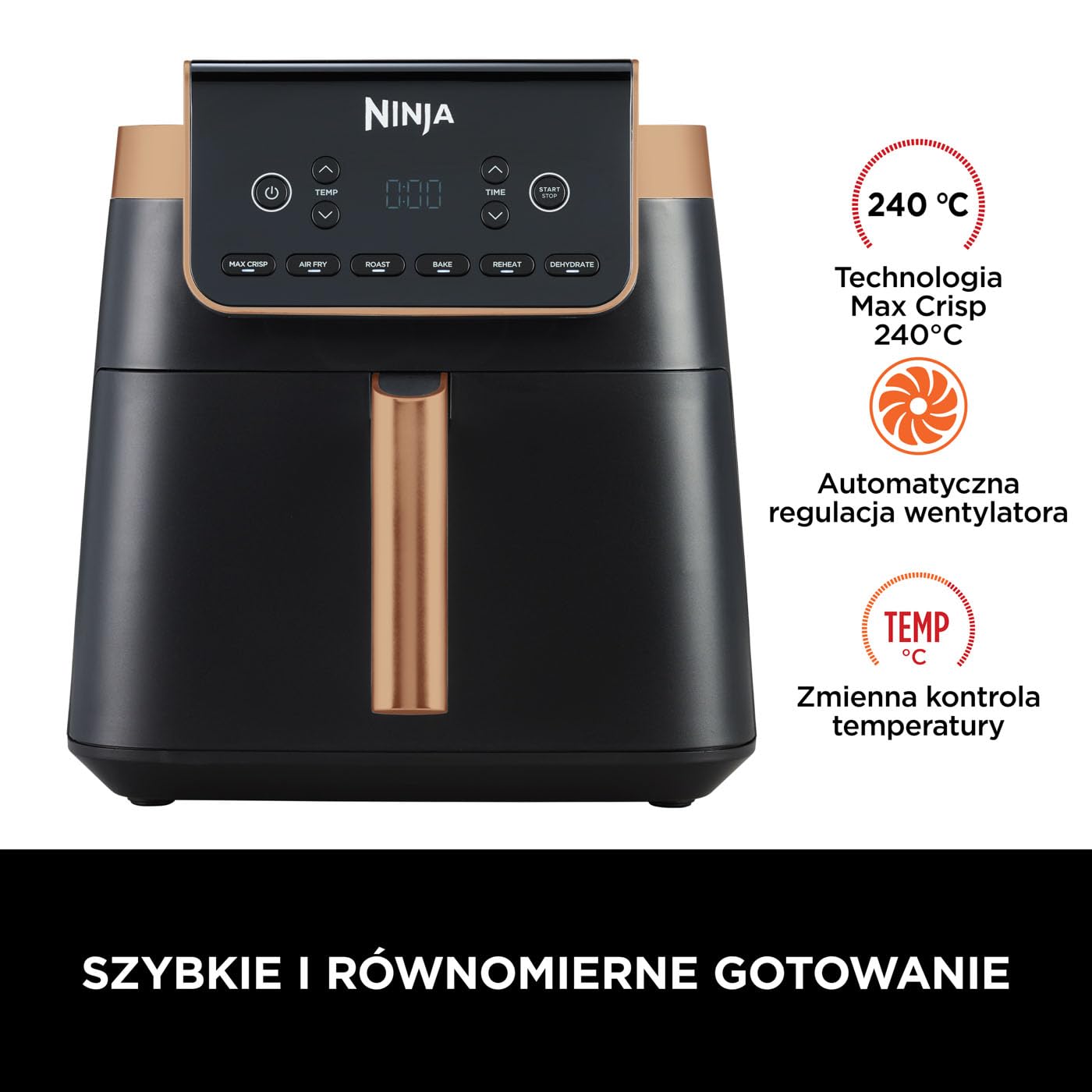 Ninja Air Fryer MAX PRO Frytkownica beztłuszczowa 6,2 l, nie używa oleju, jedna duża kwadratowa szuflada, rozmiar rodzinny, powłoka nieprzywierająca, kosz i talerz na chrupiące dania, AF180EUCP