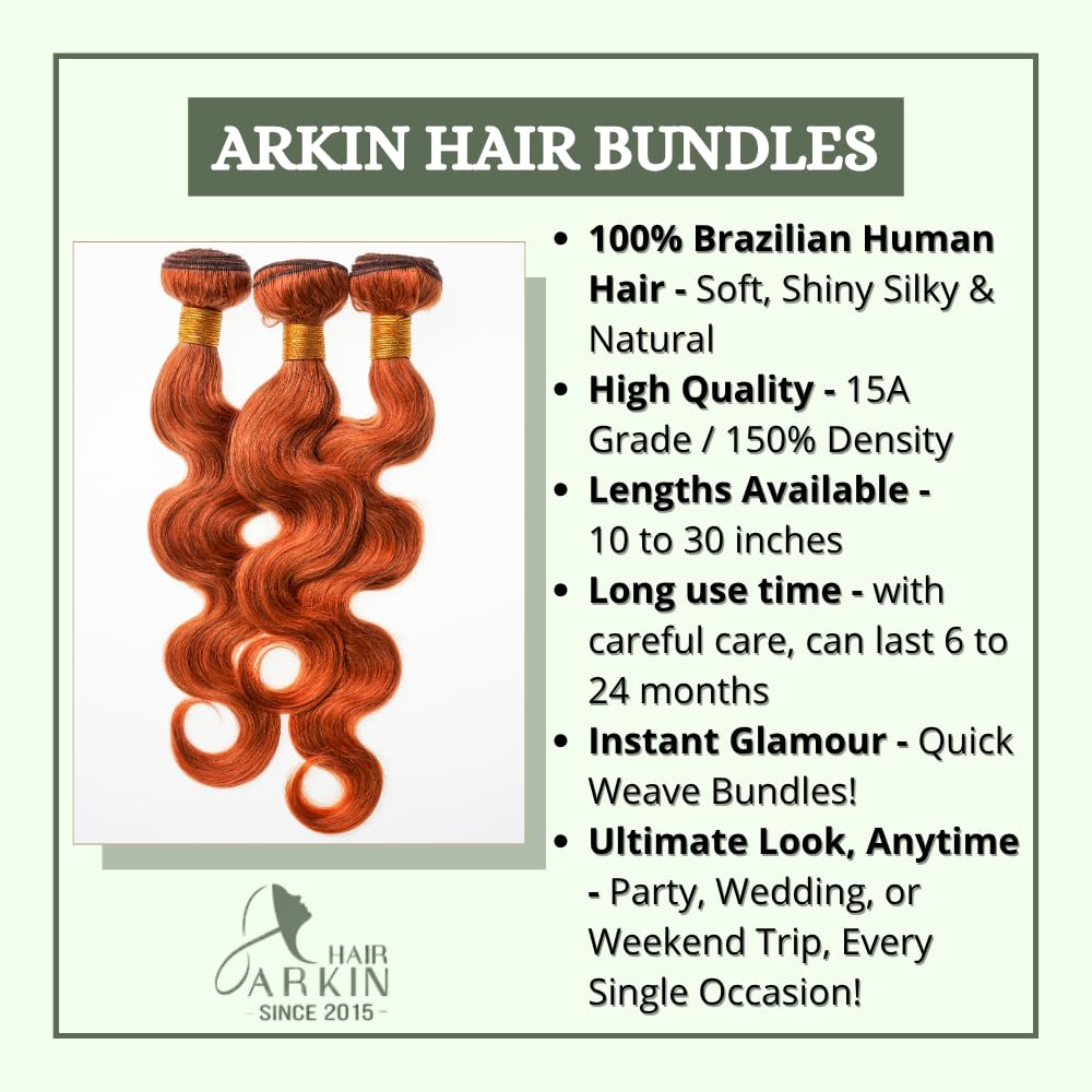 Ginger Body Wave Human Hair Bundle, Color 350 Orange Brazilian Human Hair Extensions, 100% Unprocessed Virgin Hair, Single Bundle Soft & Bouncy, 10inch