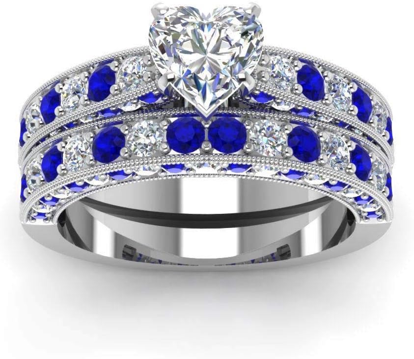 IOU 3pc Two Rings His Hers Wedding Ring Sets Couples Rings Women's White Gold Plated Heart CZ Wedding Engagement Ring Bridal Sets Men's Stainless Steel Wedding Band