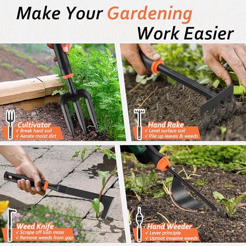 Image of HaSteeL Garden Tools Set, 11 Pcs Gardening Supplies Hand Tool Kit for Women Men Gardeners, Include Tote Bag, Reportting Mat, Transplant Trowel, Rake, Pruner for Outdoors