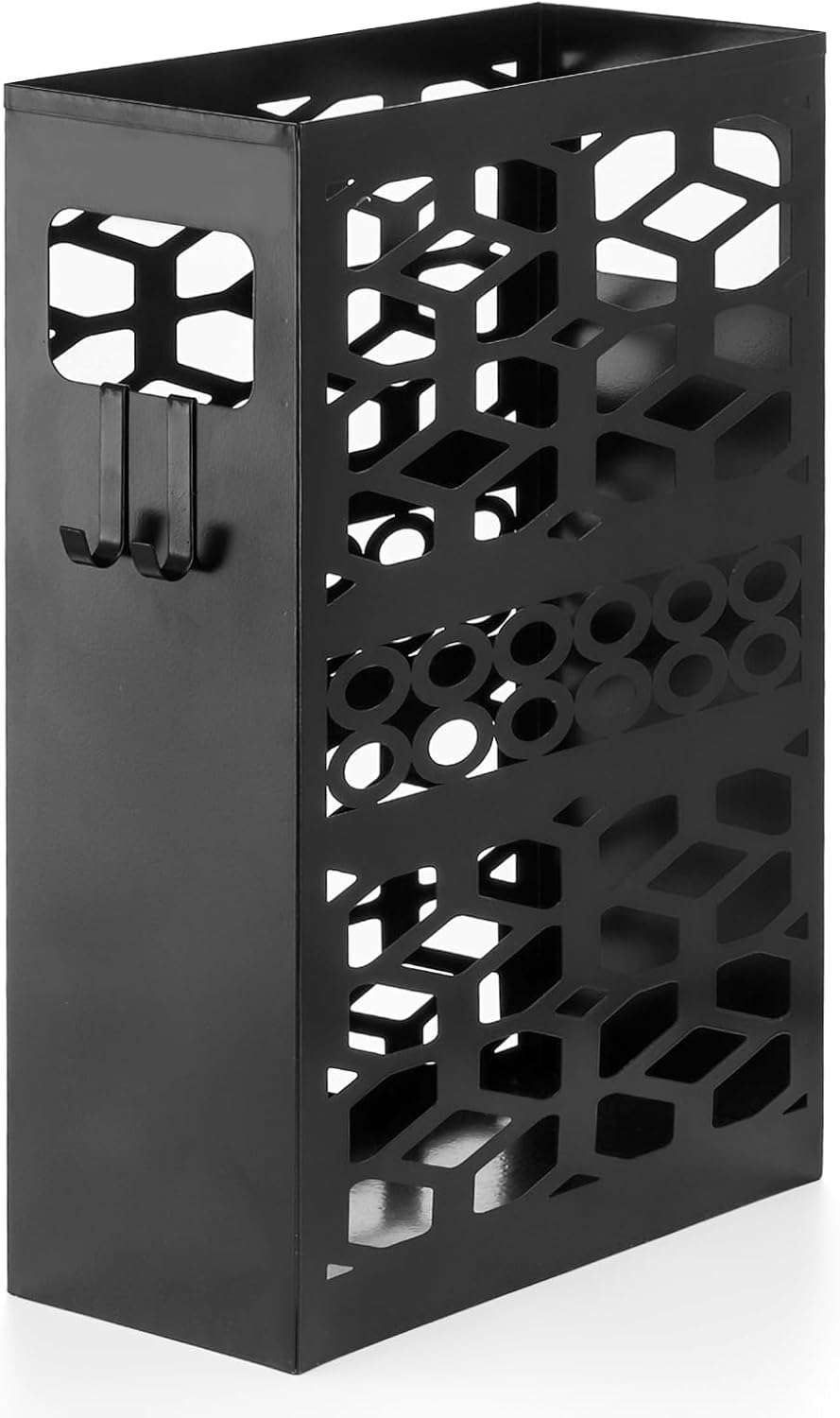 ZENFUN Rectangle Metal Umbrella Stand with 2 Hooks, Entryway Umbrella Holder & Walking Cane Storage, Umbrella Organizer Freestanding for Home, Office, Hotel, Black