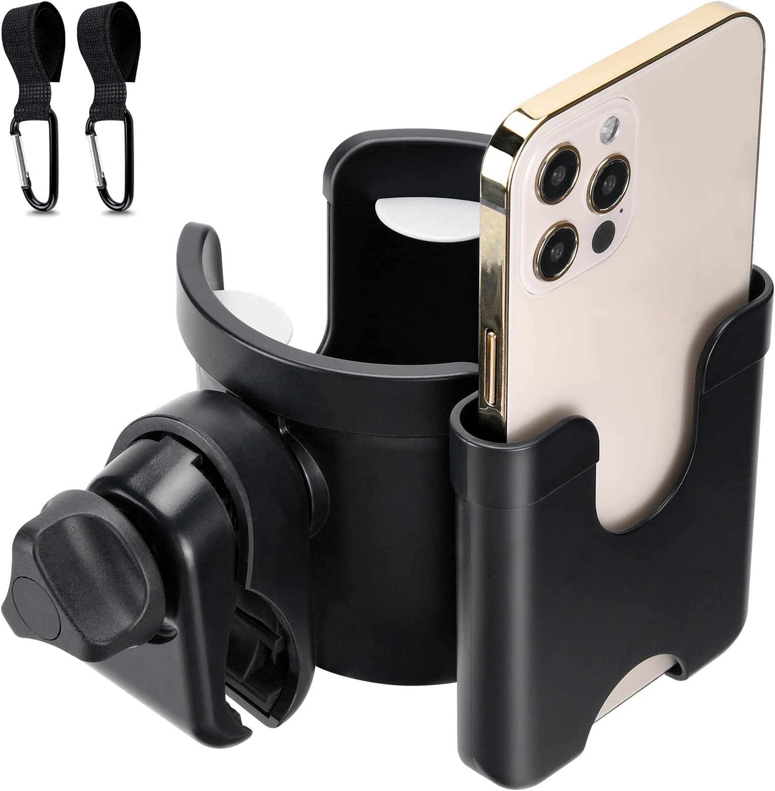 SOSPIROPram Cup Holder, Stroller Cup and Phone Holder, Universal Coffee Drink Bottle Organizer with 2 Buggy Clips Hooks for Pushchair Baby Buggy Trolley Walker Bike Wheelchair Pet Strollers