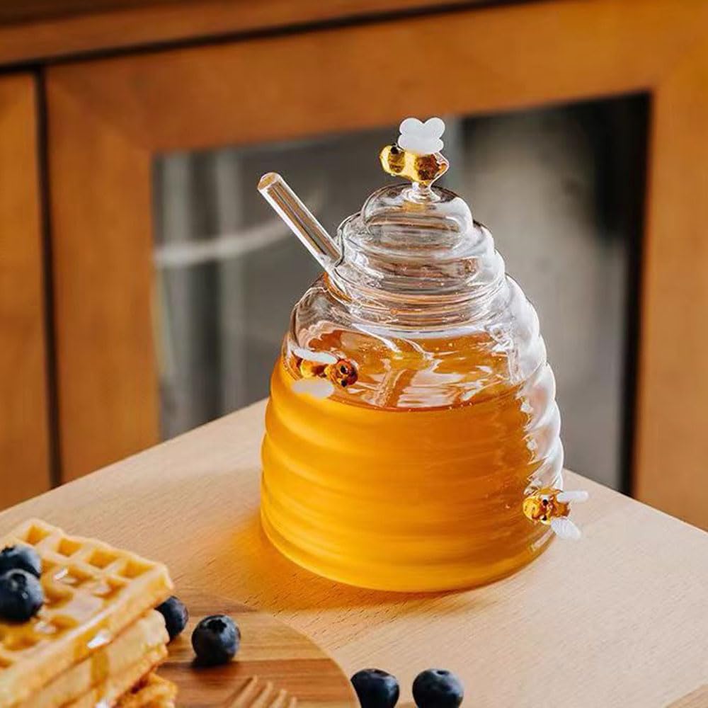 Barattolo per miele in vetro da 450 ml con decorazioni artistiche a forma di ape e cucchiaio in vetro