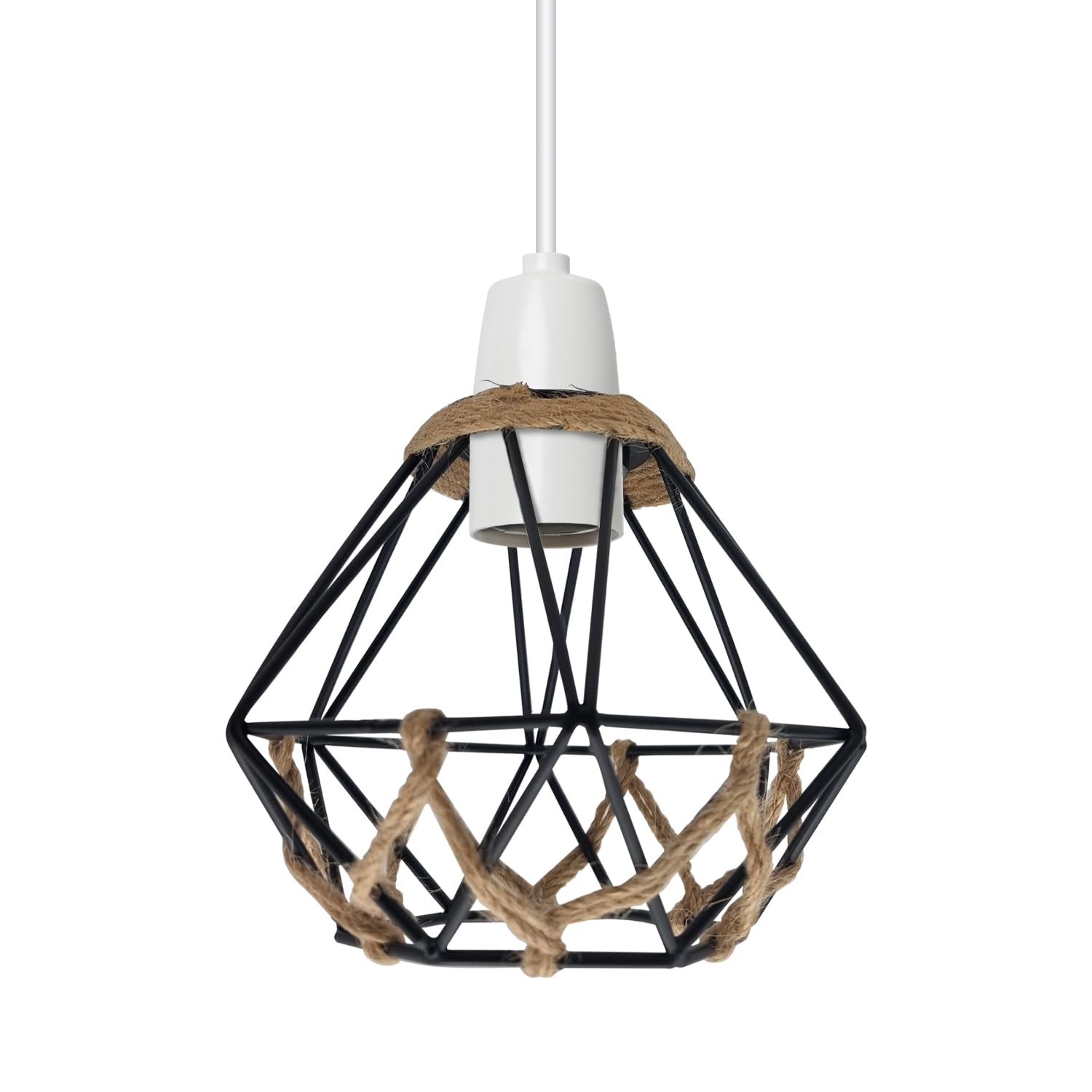 Small Metal & Rope Light Shade, Retro Black Light Shade with Jute Rope Lamp Shades Ceiling, Rattan Lampshade, Pendant Lampshades for Ceiling Lights, Living Rooms, Kitchen, Bedroom, Hallways