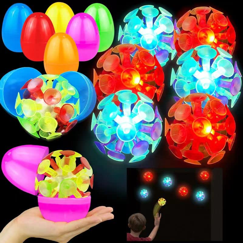 Easter Basket Stuffers for Kids, 6 Pack 3" Jumbo Filled Easter Eggs with Light Up Suction Cup Balls, Easter Eggs Filled Stress Relief Fidget Toys Tossing Stick Balls for Egg Hunt Party Favors Gifts