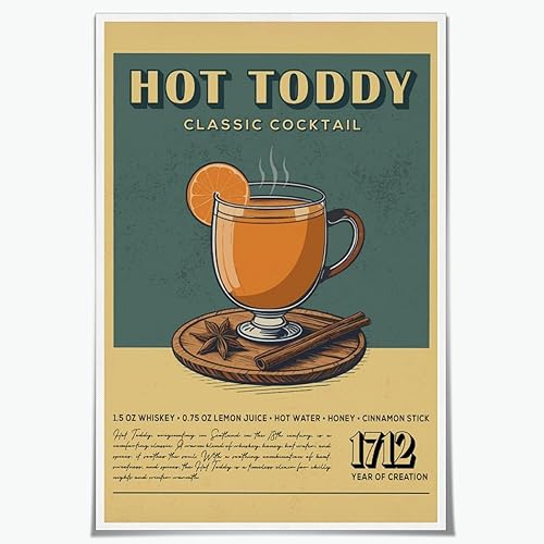 Póster de cóctel Hot Toddy Hot Toddy, póster de cóctel con alcohol retro para cocina vintage para decoración de pared del hogar, bar, dormitorio,