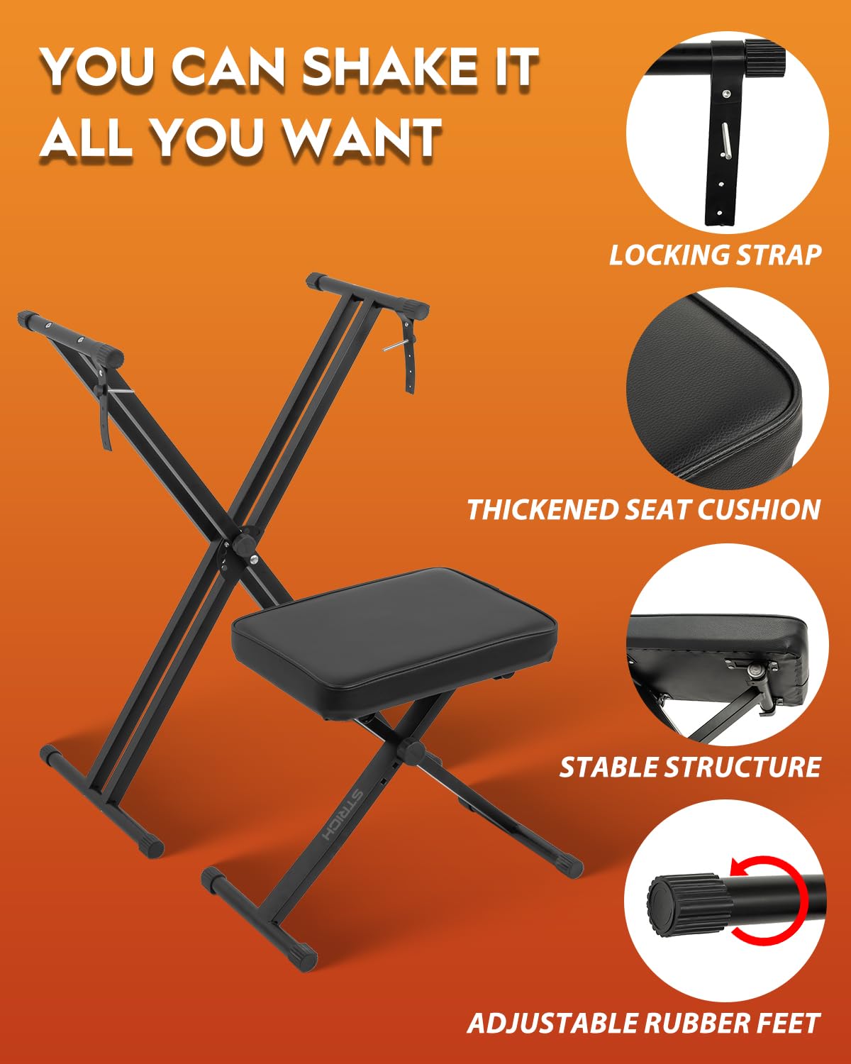 STRICH SKT-01 - Juego de taburete para teclado de piano, soporte portátil ajustable doble estilo X para teclados digitales eléctricos de 54 a 88 teclas, pianos y banco de piano, silla, negro, SKT-01