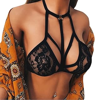 [Daconovo] セクシーな女性ランジェリーブラジャーシアーレースホルターチョーカーボンデージストラップ中空エロティッククロップトップBraletteブラック, S