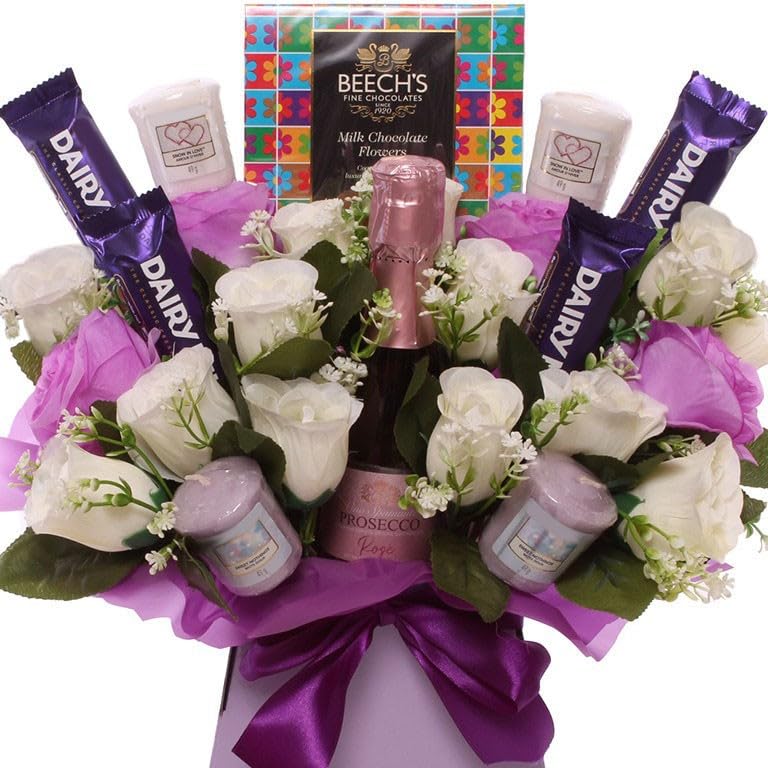 Ladies Purple Candle, Chocolate and Prosecco Bouquet