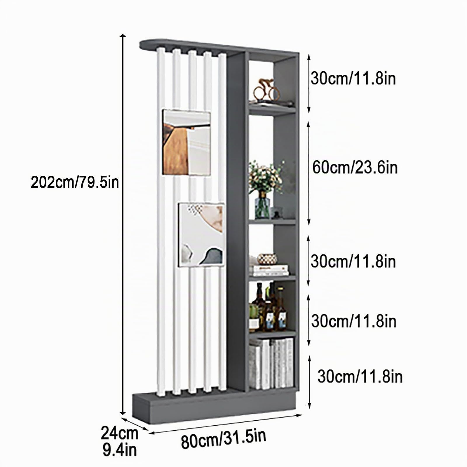 Parete divisoria in legno autoportante,moderno schermo per la privacy a colonna con spazio di archiviazione, adatto per a soggiorni, ingressi, studi e altri luoghi.(Cream Gray+White,80cm/31.5in)