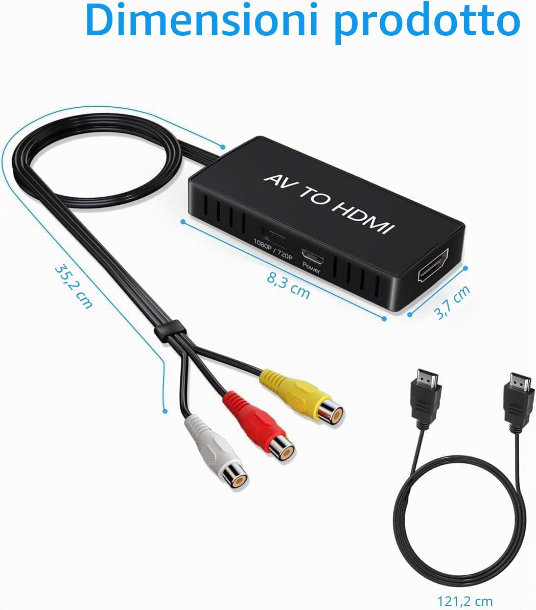 Convertitore RCA a HDMI, Adattatore AV Composito per Wii PS2 VHS VCR DVD Xbox N64, Supporto PAL/NTSC 720P/1080P