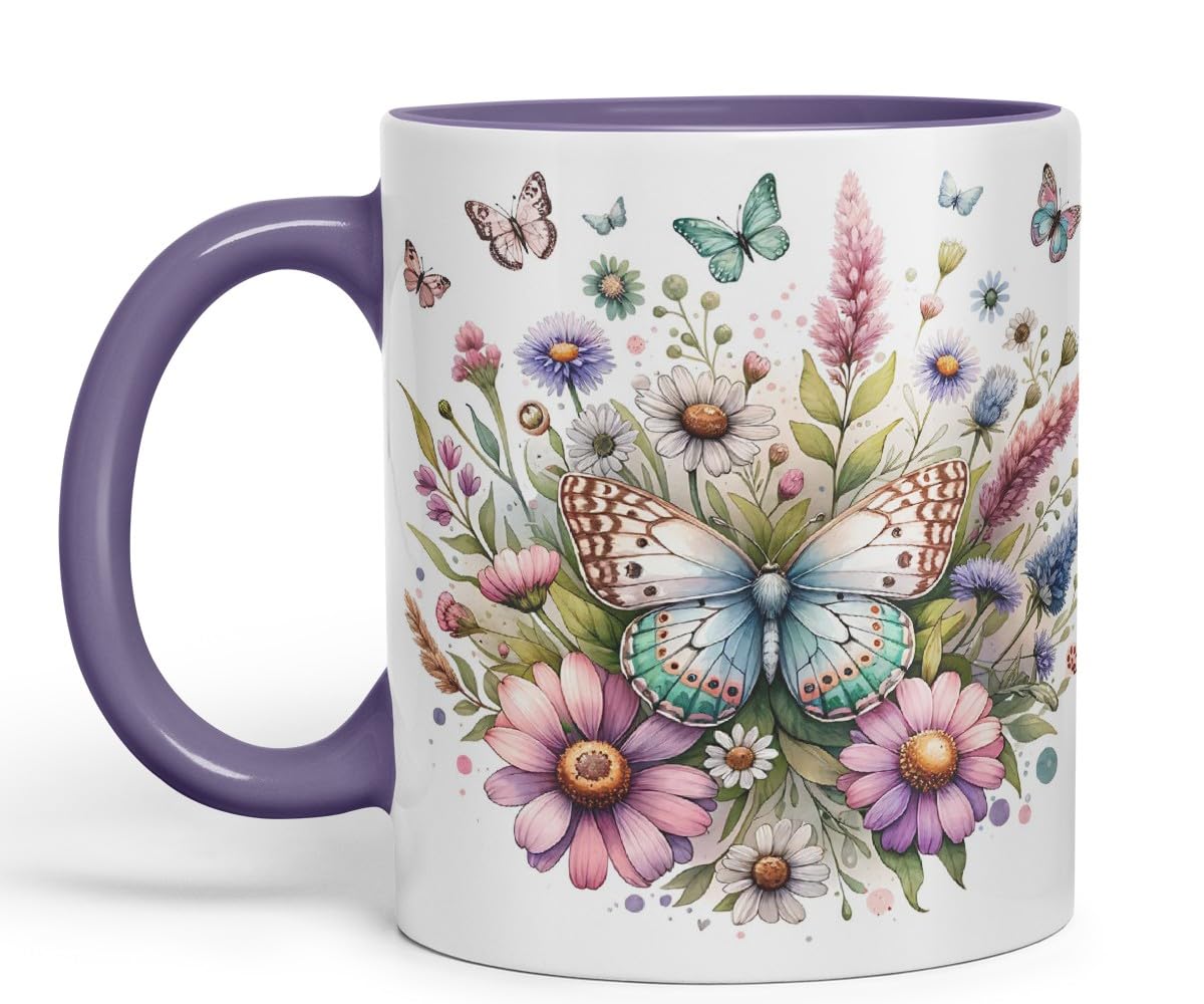 Vixar Butterflies and Wildflowers Coloured Mug Cup Floral Garden Nature Gift 11oz (Purple)