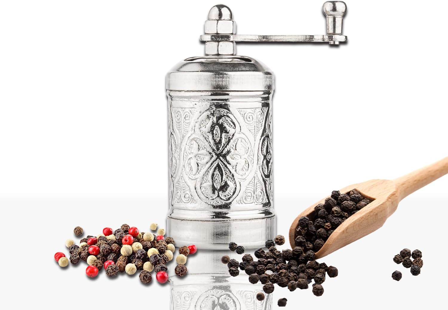 Decorative Handmade Black Pepper Grinder, Refillable Turkish Spice Mill with Adjustable Coarseness, Manual Pepper Mill with Handle, Spice Grinder with Hand Crank 8 cm-3.1 inch (Bronze)