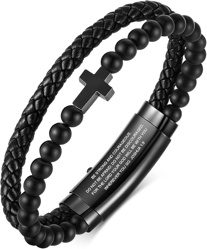 Mens Cross Bracelet Gift for Men - Double-Row Black Braided Leather Bracelets for Men,Stainless Steel Bible Verse Jewelry With Black Onyx Beads Bracelets Religious Christmas Gifts for Christian