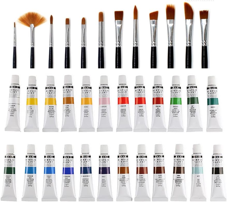 Kumkey Acrylic Paint Sets Professional 24 Colors Hand Painted Wall painting DIY Waterproof Paint Rich Pigment Colors with 12 Art Paint Brushes for Graffiti Painting Wood Handicrafts Non-toxic Harmless