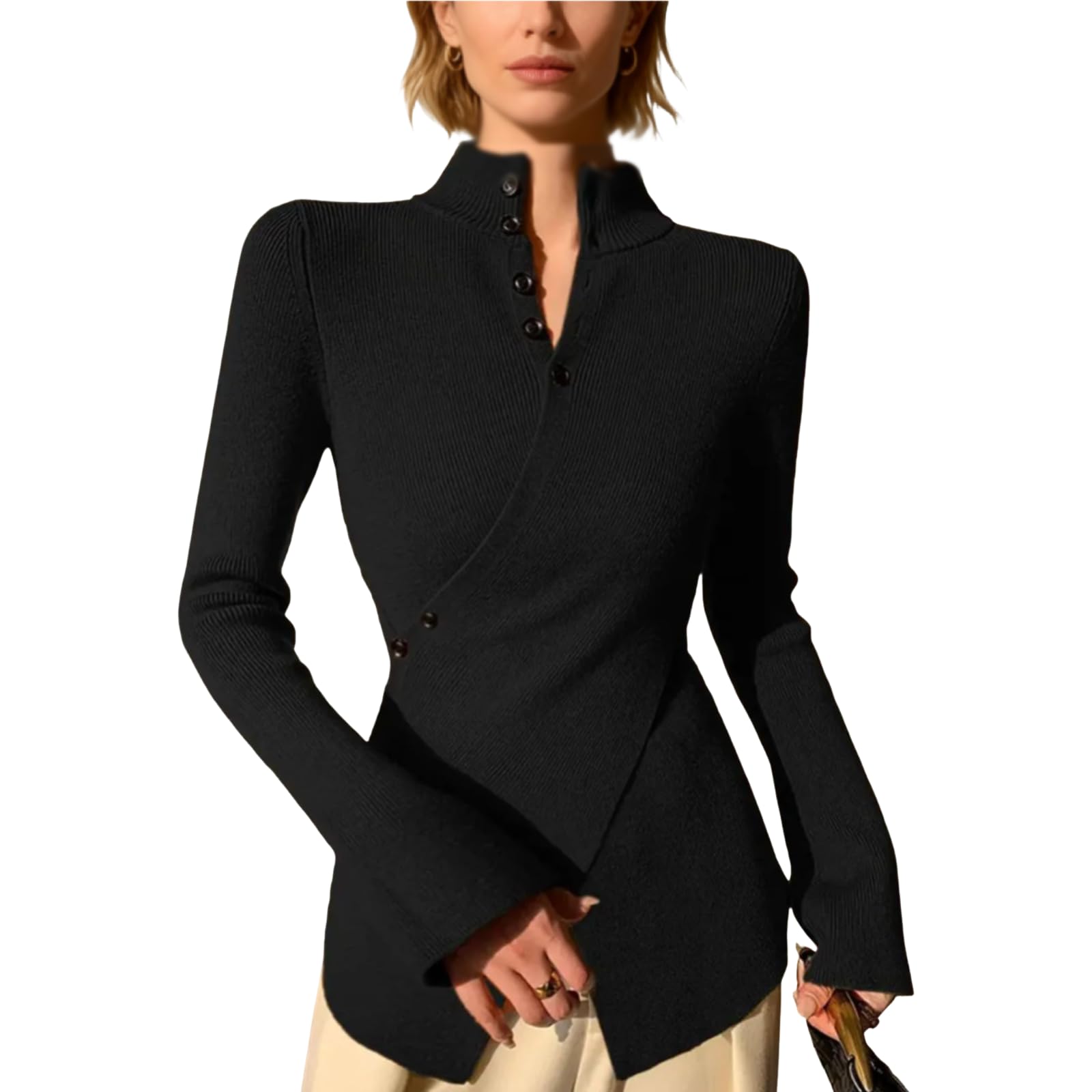 Womens Black Solid Long Sleeve Tunic Sweater V-Neck Front Cross Pullover Knit Tops Fall Winter Fashion