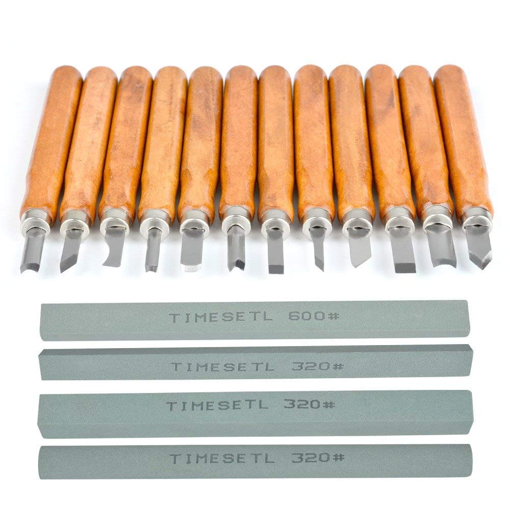 Ciseaux à Bois 12 en 1 TIMESETL Outils de Gravure sur Bois 12Pcs Couteau Sculpture Bois en Acier Carbone avec Manches en Bois, 4 Pierres à Aiguiser, Outils de Sculpture pour Charpentier, Amateur