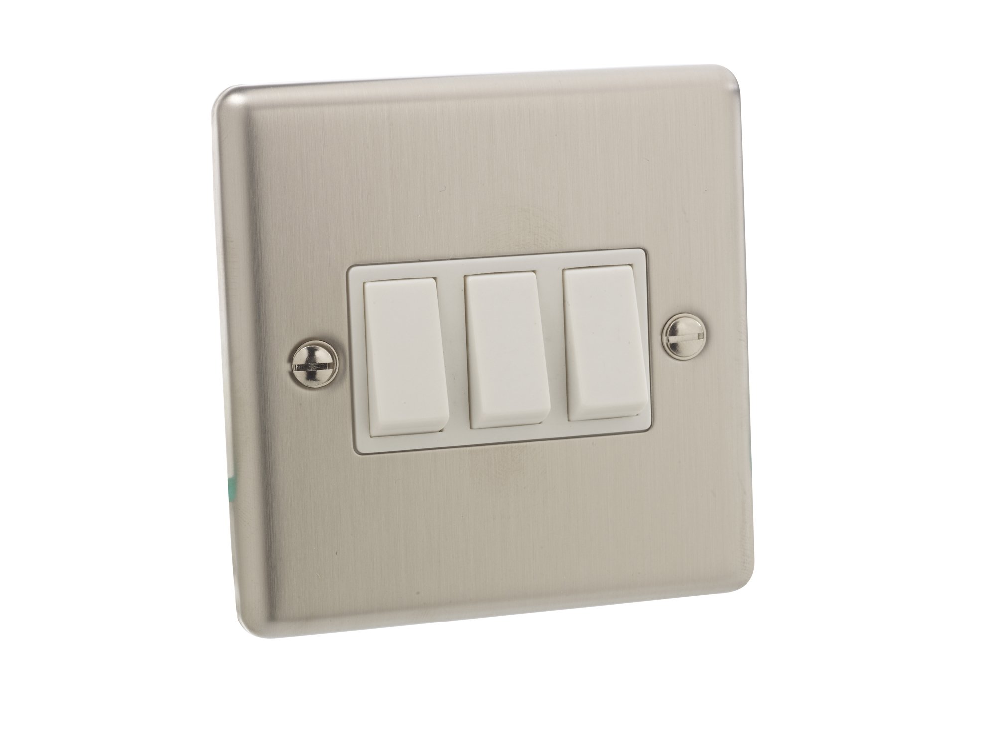 British General Stainless Steel 10A Triple 3 Gang 2-Way Push Button Switch Silver