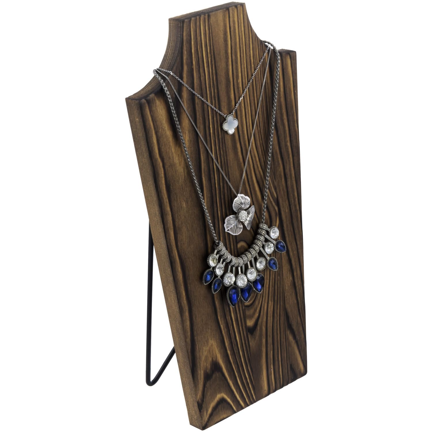 MyGift Modern Rustic Burnt Solid Wood Countertop Necklace Holder with Black Metal Wire Stand, Tabletop Neckline Cutout Jewelry Rack for Home or Retail Display
