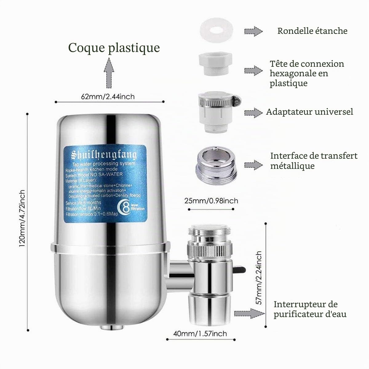 Filtre à Eau du Robinet, 8 Couches de Purification au Charbon et Céramique, Enlève Impuretés, Chlore, Eau de Javel, vers, Installation Facile - S’adapte sur Tous Les Robinets Standards