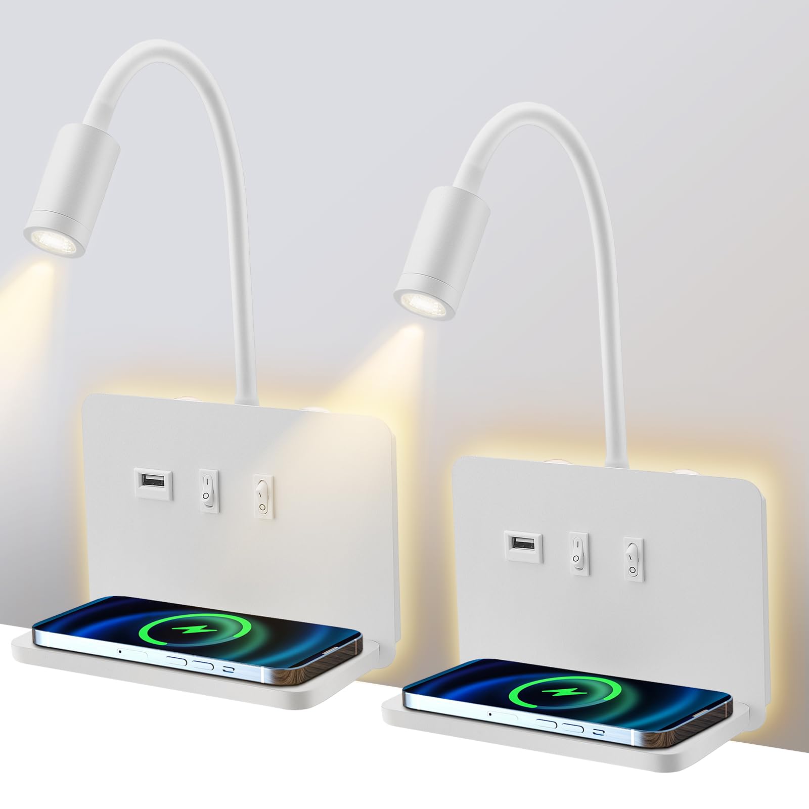 Leselampe Wandmontage mit USB 3 IN 1, 3W+10W Leselampe Bett mit Schalter und Wireless Charger, LED Wandleuchte Bett Leselicht 360° Schwenkbar Schwanenhals Lampe mit für Schlafzimmer(2PCS)