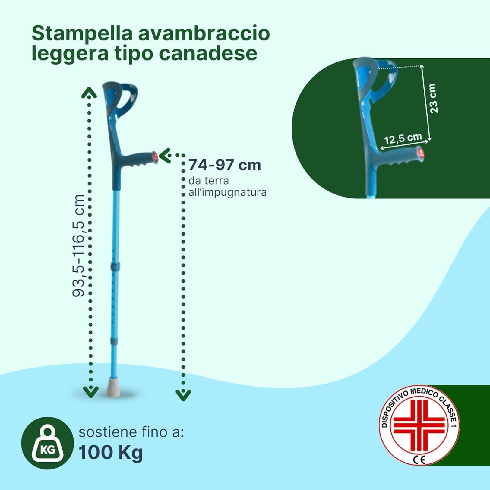 Stampelle Ortopediche Regolabili in Alluminio Anodizzato, Stampelle Canadesi Adulti Antiscivolo, Altezza 74-97 cm, 2 Unità – Blu
