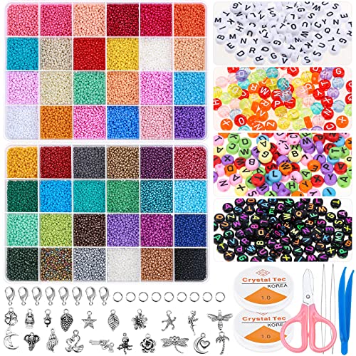 Bracelets Beads, Beads for Jewelry Making 36400 pcs, 2mm Pony Seed Beads for Necklaces Earring, Colorful Letter Alphabet Beads DIY Art Craft ,2 Rolls Clear String Elastic Cord 20pcs Silver Pendants
