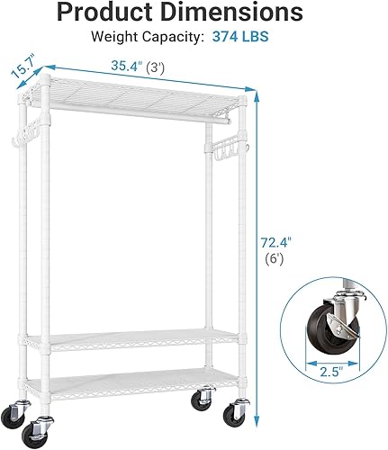 Miniatura 5 de VIPEK R3 - Perchero de ropa resistente para colgar ropa, armario portátil con ruedas y ganchos laterales, perchero de metal ajustable independiente