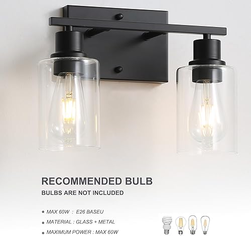 Miniatura 4 de 2 luces de pared negro mate, apliques de base E26 vintage con pantallas de vidrio transparente, lámpara de pared moderna de granja para pasillo,